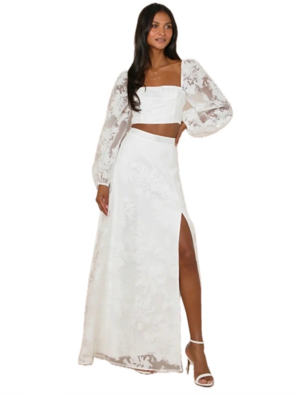 Lulus, NWT white floral burn out two piece maxi dress, size L